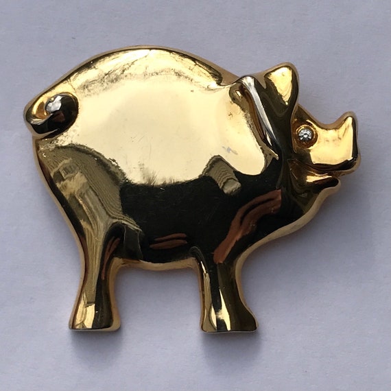 Pig Brooch Pin, Vintage Gold tone Pig Pin, Clear … - image 8