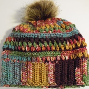 Young Unisex Hat, Crochet Hat with Faux Fur Pompom Removable for Washing Hat, Artisan Crochet Warm Beanie, Handmade Childs Cozy Winter Hat.
