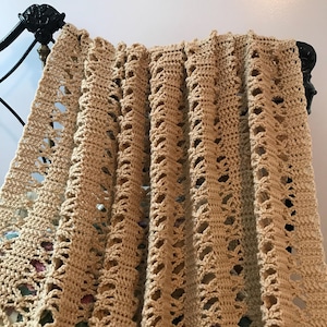 New Crochet 65 x 50 Inch Afghan, Beige Fringed Afghan Blanket, Handmade Afghan, Artisan Made in the USA Warm Soft Handmade Afghan Blankets