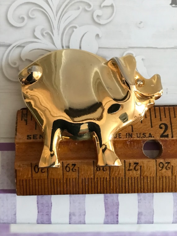 Pig Brooch Pin, Vintage Gold tone Pig Pin, Clear … - image 1