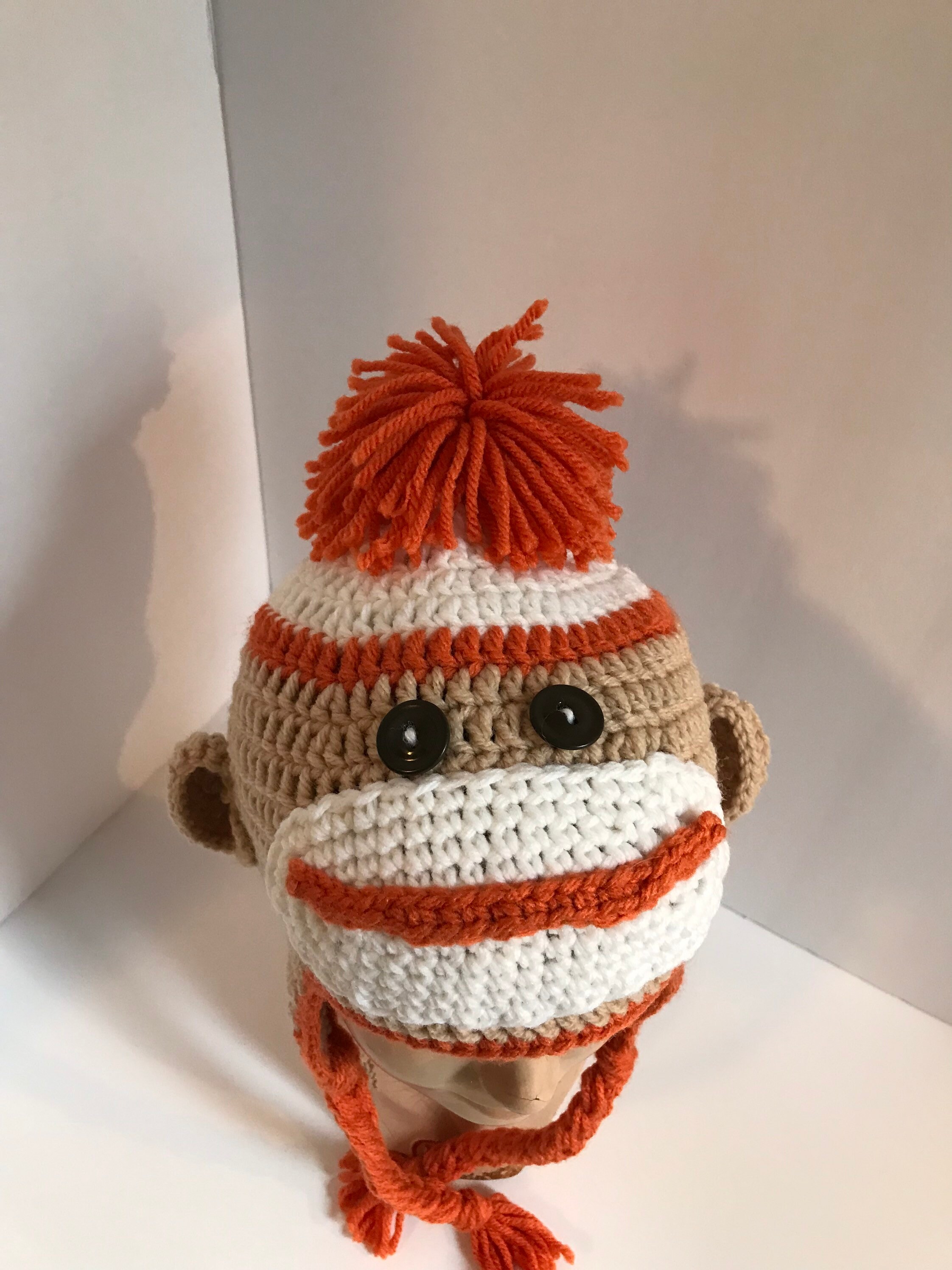 Unisex Knit Sock Monkey Hat With Earflaps And Braids  Crochet Sock Monkey Hat With Ear Flaps and Braids, USA  main image 3
