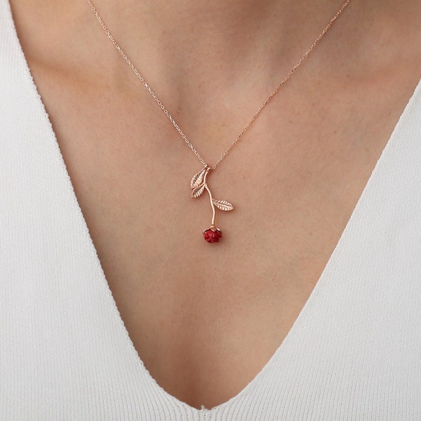 Red Rose Necklace, Gold Rose Necklace, Necklace for Her, Minimalist Flower Necklace, Long Stemmed Rose Pendant, Vertical Red Rose Necklace