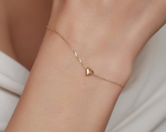 14K Gold Minimalist Heart Bracelet for Women,Solid Gold Bracelet,Tiny Heart Bracelet,