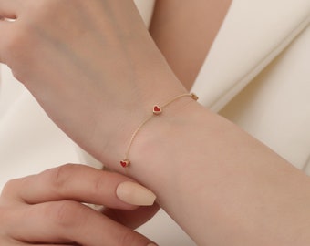 14K Solid Gold Red Heart Bracelet: Dainty Enamel Jewelry