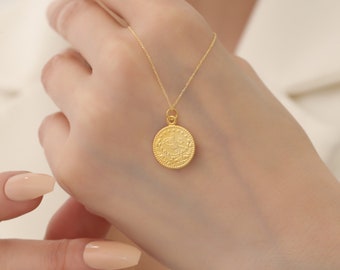 Colgante de monograma otomano de oro macizo de 14 quilates, collar con moneda turca en relieve, colgante de disco prensado con signo otomano