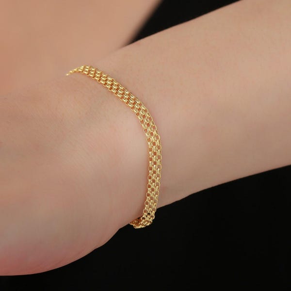14K Real Gold Wicker Chain Bracelet,Bismarck Bracelet, 3MM