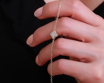 14k Gold White Clover Bracelet,Shamrock Bracelet
