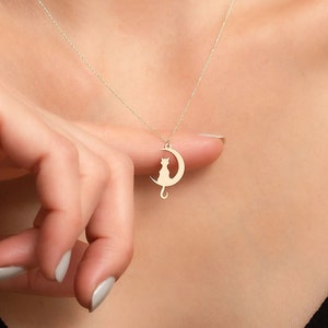 14K Solid Gold With Cat Sitting On The Moon Necklace,Gold Moon Necklace,Cat Lover Gift