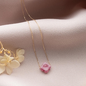 14K Gold Four Leaf Clover Pink Glass Necklace, Good Luck Pendant,