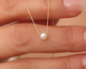 Collar minimalista de oro macizo de 14 quilates con perla de agua dulce real, collar de oro macizo con perla delicada, collar minimalista de oro macizo de 14 quilates