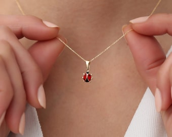 Collar de mariquita de oro macizo de 14 k para mujer, collar de animales, collar de insectos