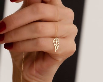 Collier aile d'ange en or massif 14 carats avec diamants pour femme, aile d'ange simple, ailes d'ange gardien