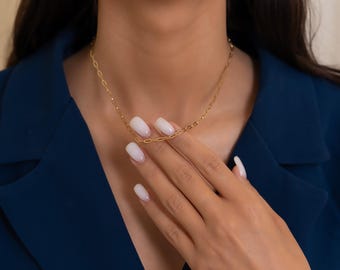 Naszyjnik z łańcuszkiem ze spinacza do papieru wykonany ze złota próby 14K, 3 mm, prezent dla niej, uroczy naszyjnik, naszyjnik z łańcuszkiem, złoty naszyjnik z łańcuszkiem