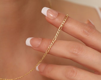 14K Yellow Gold Figaro Chain Necklace Men Women,3mm 1mm, 14" - 26" Inch,