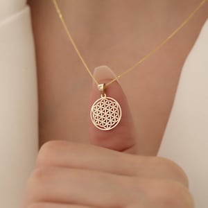 14K massief gouden Flower of Life-ketting, gouden ketting voor vrouwen, heilige geometrie,