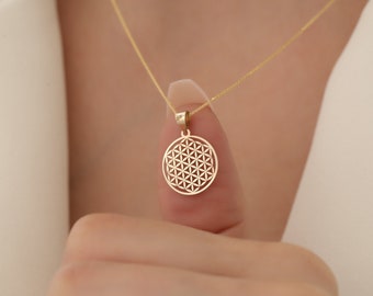 Collar de flor de la vida en oro macizo de 14 quilates, collar de oro para mujer, geometría sagrada,