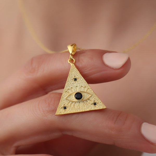 Pyramid Triangle Evil Eye Necklace, Evil Eye Pendant,Medallion Evil Eye Necklace , Protection Healing Jewelry,