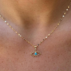 14K Gold Evil Eye Pendant with  Gold Glitter Chain, Gold Necklaces for Women,Gold Pendant Necklace 14k,