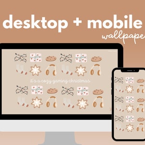 May include: A digital desktop and mobile wallpaper featuring a beige background with a repeating pattern of Christmas-themed illustrations, including presents, cookies, lights, and headphones. The text "it's a cozy gaming Christmas" is centered on the wallpaper.
