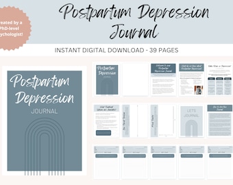 May include: A digital journal for postpartum depression with a blue and white color scheme. The cover features a stylized arch design and the text "Postpartum Depression Journal". The journal is 39 pages long and is an instant digital download.