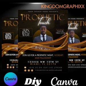 May include: A flyer for a church event called "Prophetic Touch" featuring Pastor Mike Liam. The event will take place on Sunday, June 2nd at 11 AM. The flyer is black with gold accents and features a photo of Pastor Mike Liam. The flyer includes the address 123456 NW 12th St, Miami, FL 33174 and invites attendees to join the live stream on social media.