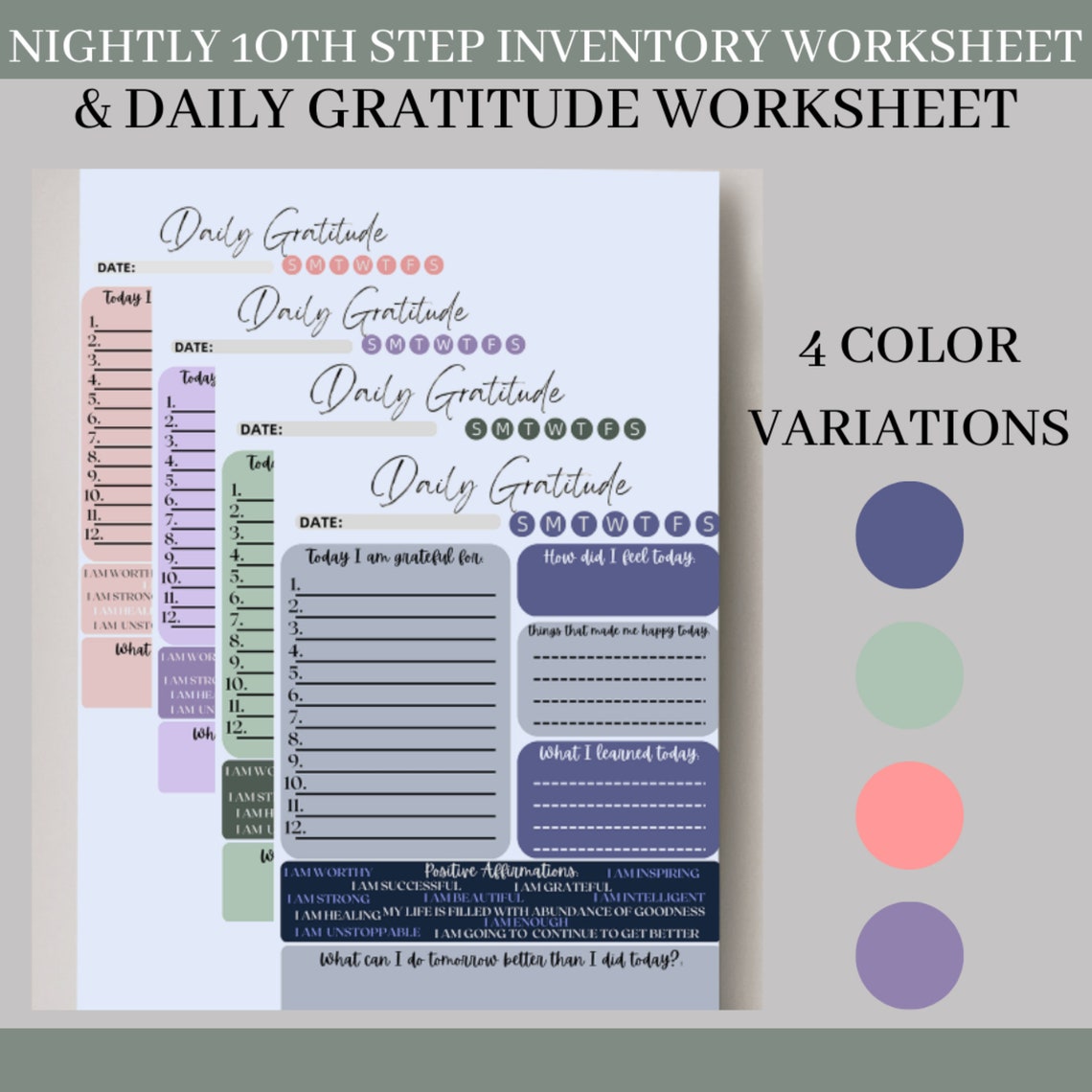 10th Step Nightly Inventory Worksheet, Daily Gratitude Journal