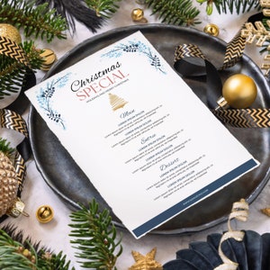 Edytowalny szablon menu świątecznego | Wydrukowalne menu na imprezę świąteczną | Projekt świątecznego menu na dekoracje świąteczne