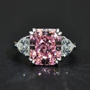 Gorgeous Pink Lab Diamond Ring Three-Stone Ring 5Ct 10x10mm Radiant Cut Lab Diamond Valentine Gift