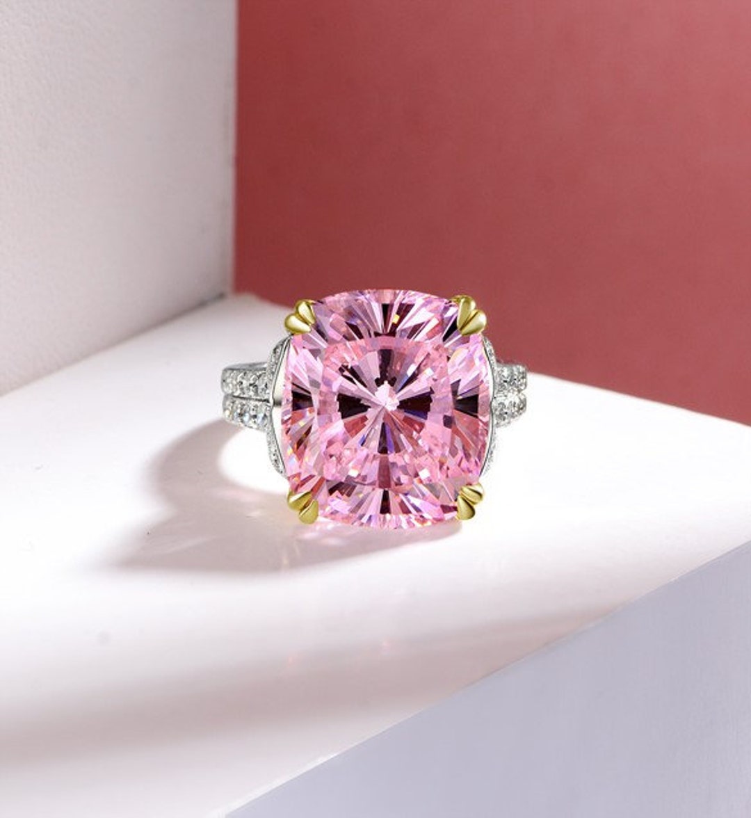 10 Ct Pink Lab Diamond Ring 14x14mm Cushion Cut Lab Etsy