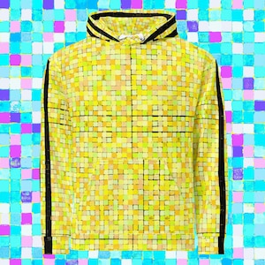 May include: Yellow hoodie with a square pattern design. The hoodie has a drawstring hood with black stripes and black stripes down the sleeves. The hoodie has a front pocket.