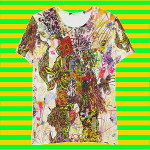 May include: A white t-shirt with a colorful, abstract print featuring flowers, leaves, and geometric shapes. The print is a mix of bright colors, including pink, yellow, green, blue, and red.