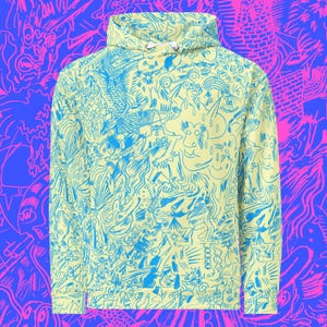 May include: A yellow hoodie with a blue doodle pattern. The hoodie has a drawstring hood and long sleeves. The doodle pattern includes various shapes and figures. The background is a vibrant purple and pink design.