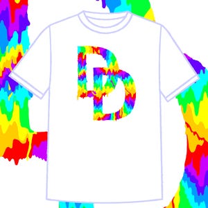 May include: White t-shirt featuring a vibrant, dripping paint design in the shape of the letters "DD". The design incorporates a rainbow of colours, including red, orange, yellow, green, blue, and purple. The shirt has a crew neck and short sleeves.