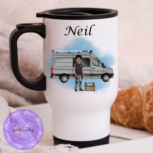May include: White travel mug with a black lid and handle. The mug features a cartoon illustration of a man standing next to a van with the text "Neil's Gas & Heating" on the side. The text "Neil" is printed on the mug.