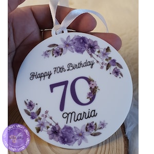 Personalised Milestone Birthday Hanging Acrylic ornament & Mug,  Any age Purple flowers Plague, Gift For Her, 18th, 50th Birthday Keepsake