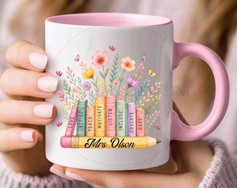 Personalised Teacher Mug or Travel Mug, Custom Name Floral Books Gift, Thank You Present