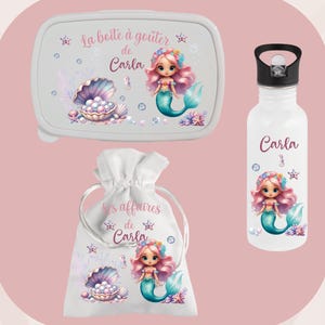 Kit rentrée scolaire gouter école crèche personnalisé - Thème sirène - Boite à goûter - gourde enfant - sac pochon -prénom - lunch box -