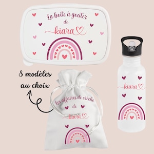Kit rentrée scolaire gouter école crèche personnalisé - Boite à goûter - gourde enfant - sac pochon -prénom- arc en ciel - lunch box -
