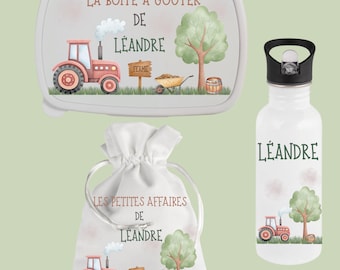Kit rentrée scolaire gouter école crèche personnalisé - Boite à goûter - gourde enfant - sac pochon - thème ferme tracteur - lunch box