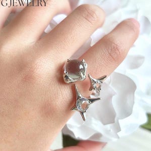 Sterling Silver Celestial Ring, Star Moon Open Ring, Irregular Design image 1