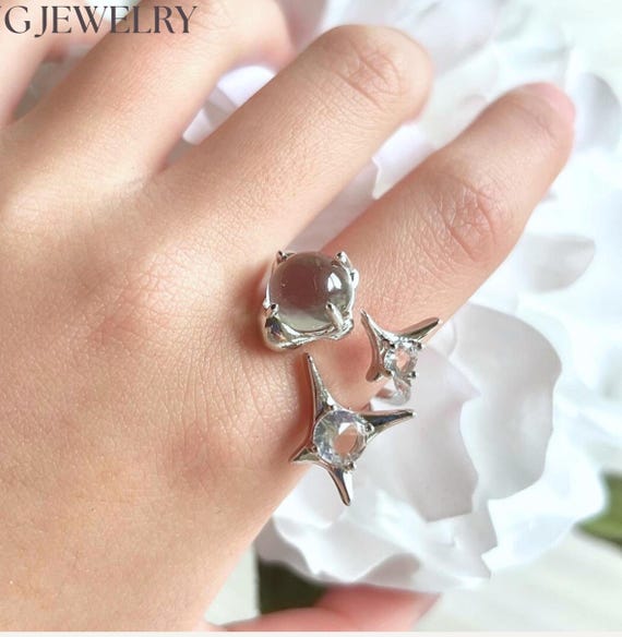 Sterling Silver Celestial Ring, Star Moon Open Ring, Irregular Design