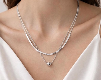 Minimalist Layered Stainless Steel Necklace, Double Chain Beaded Bar Pendant