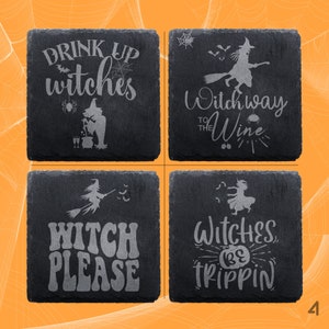Engraved Slate Halloween Coasters: Witch Sayings, Spooky Decor