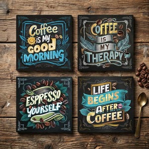 May include: A set of four square black coasters featuring colorful typography and coffee-themed illustrations. The text reads: Coffee is my good morning, Coffee is my therapy, Espresso yourself, and Life begins after coffee, with coffee beans.