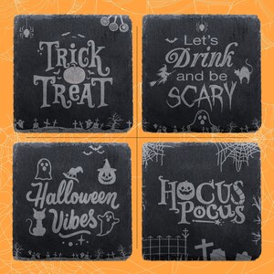 Engraved Slate Halloween Coasters: Funny Spooky Decor, Set of 4
