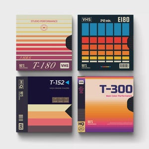 May include: Four retro VHS tape boxes with colorful designs. The boxes feature text like "Studio Performance", "T-180", "T-152", and "T-300". Each box has a unique color scheme, including stripes, gradients, and geometric patterns, evoking a 90s aesthetic.