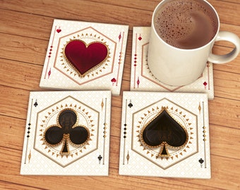 Playing Cards Coaster Set, Cards Symbol, Spade, Ceramic Coaster, Casino and Poker Cards, Game Gifts, Gift for Him, Stone Coasters