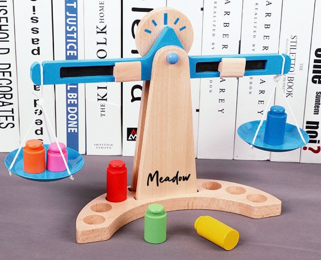 Machinehome Small Wooden Balance Scale and 6 Weights Kids Math Early  Educational Steelyard Baby Balancing Training Toy