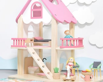Wooden Dollhouse- Miniatures Furniture Set-Kid’s Pretend Play Set-Waldorf Dollhouse—House For Dolls- Morden Dollhouse
