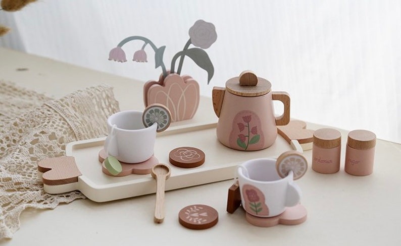 Personalized Wooden Afternoon Tea Play Set Pretend Home Play Pretend Tea Party Girls gift-Montessori Learning Toy For Toddlers image 1